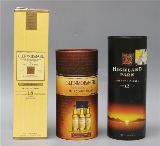 Three bottles of Whisky - Glenmorangie Nectar, Glenmorangie single Highland and Highland Park aged 12 years (3)